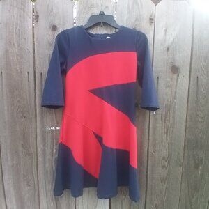 DAN MUNIER DRESS WOMENS Sz S BLUE AND RED ZIP CLOSURE 3/4 SLEEVE FIT AND FLARE